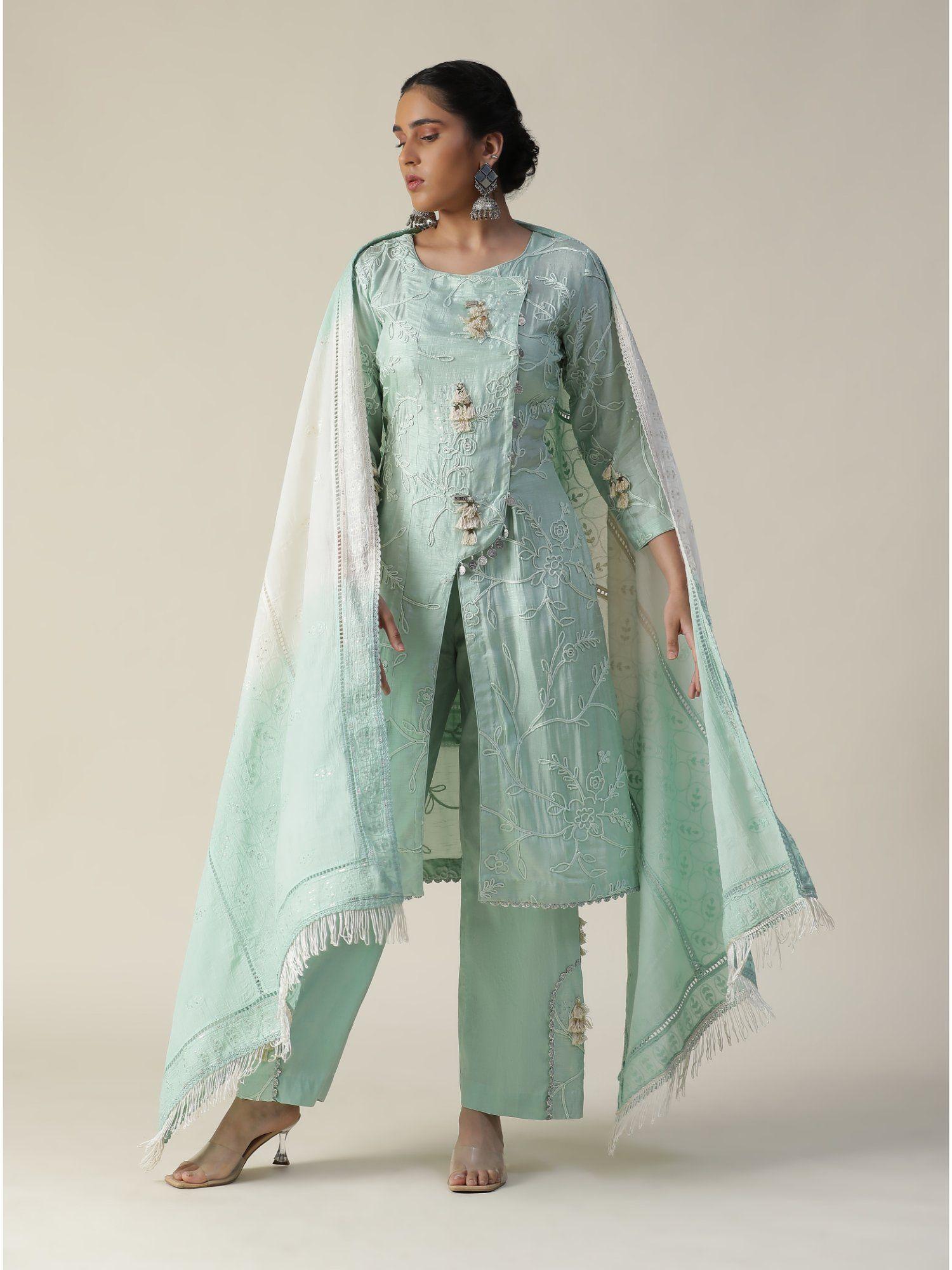 cruise green embroidered kurta (set of 3)