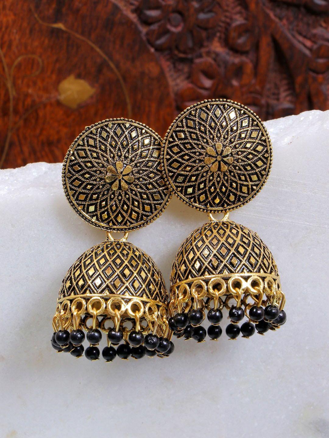 crunchy fashion black gold plated jhumkas earrings