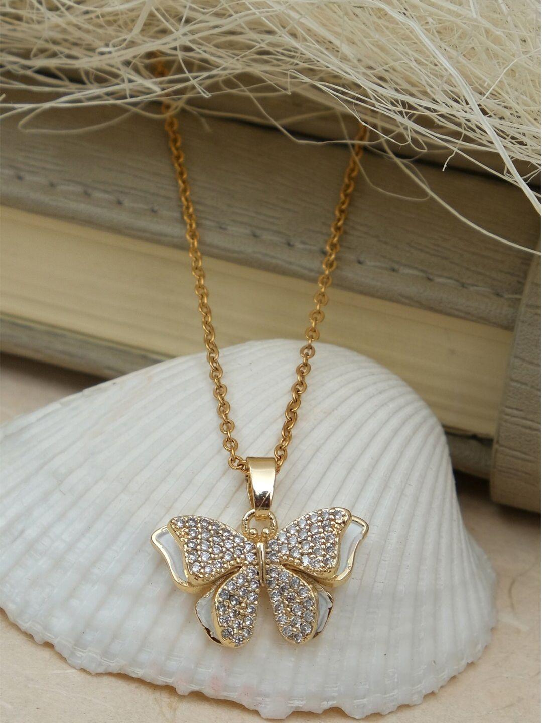 crunchy fashion gold-plated  crystal studded butterfly pendant chain