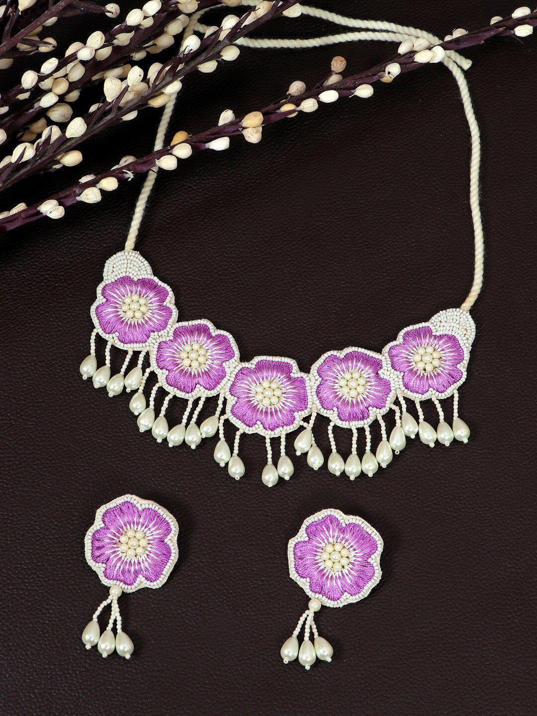 crunchy fashion purple & white floral beaded jewellery set