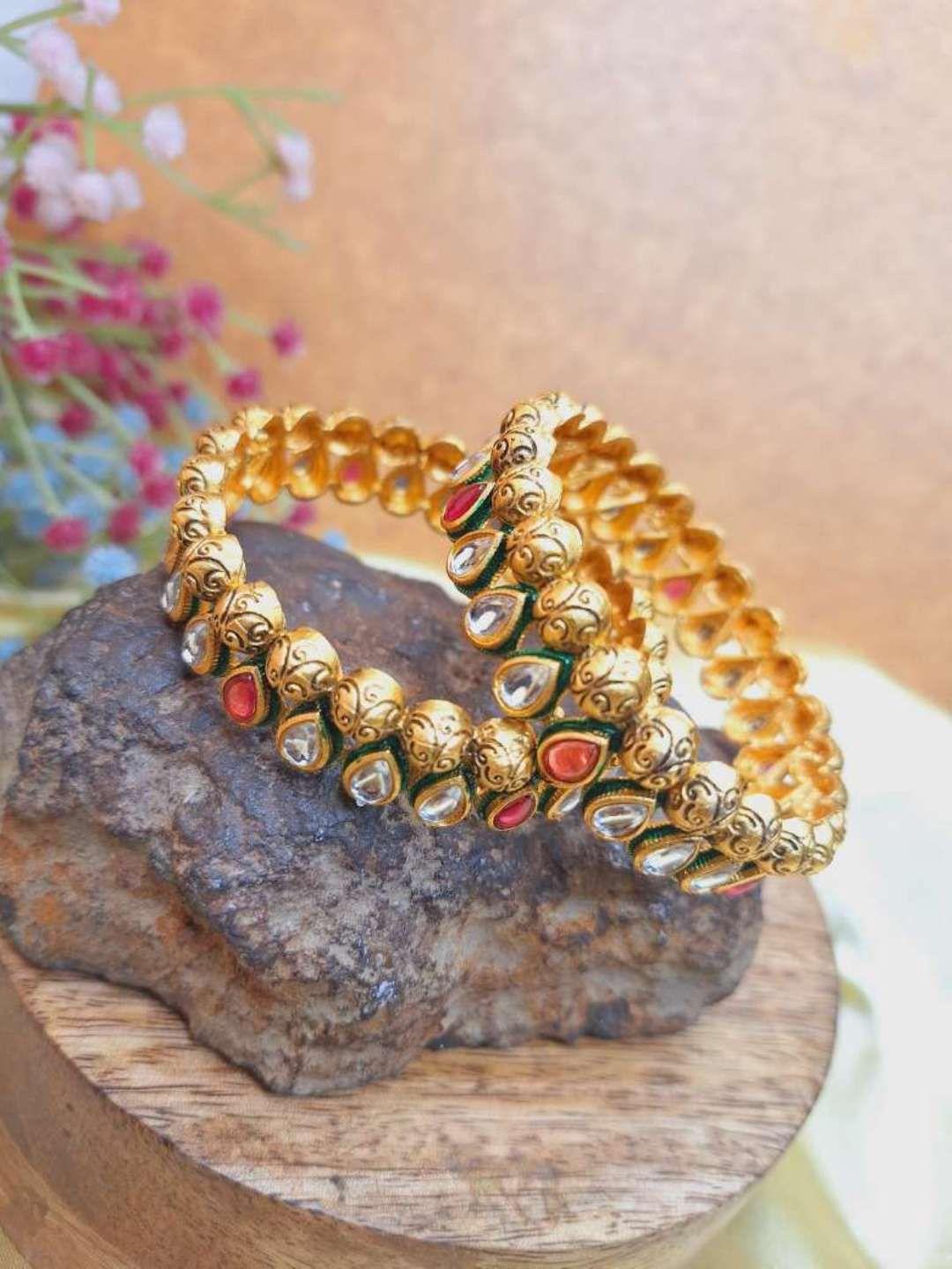 crunchy set of 2 gold-plated stone-studded & pearl bangle