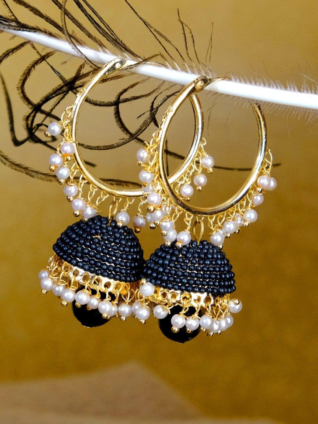 crunchy fashion gold-plated & black beaded dome shaped handcrafted jhumkas