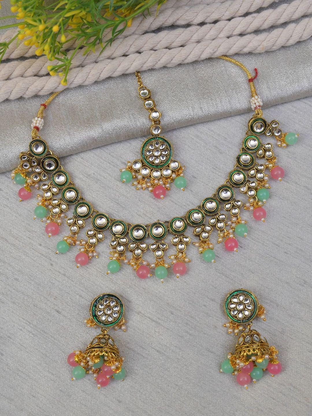 crunchy fashion gold plated kundan & pearls studded jewellary set