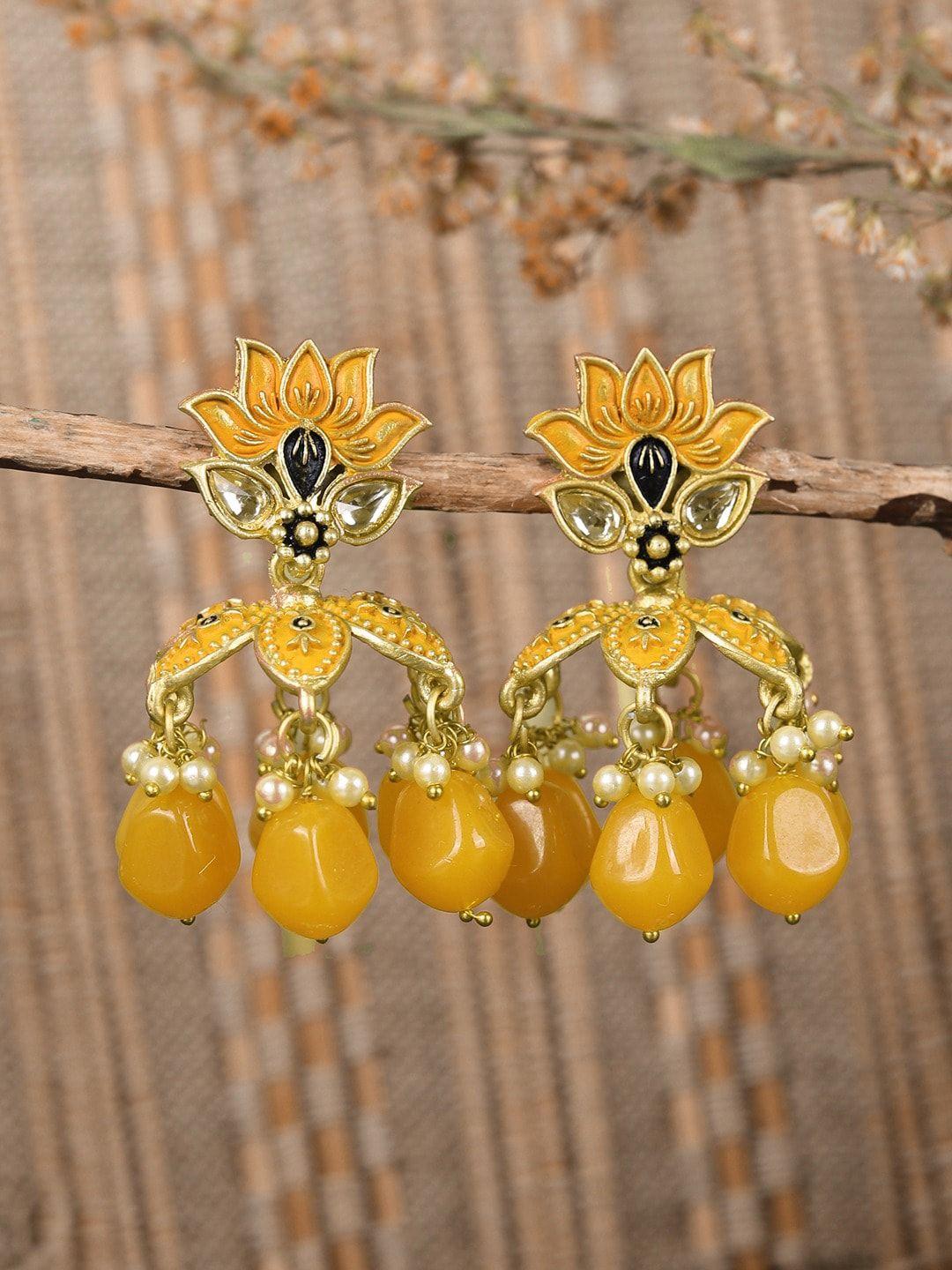 crunchy fashion gold-plated lotus motif beaded classic jhumkas