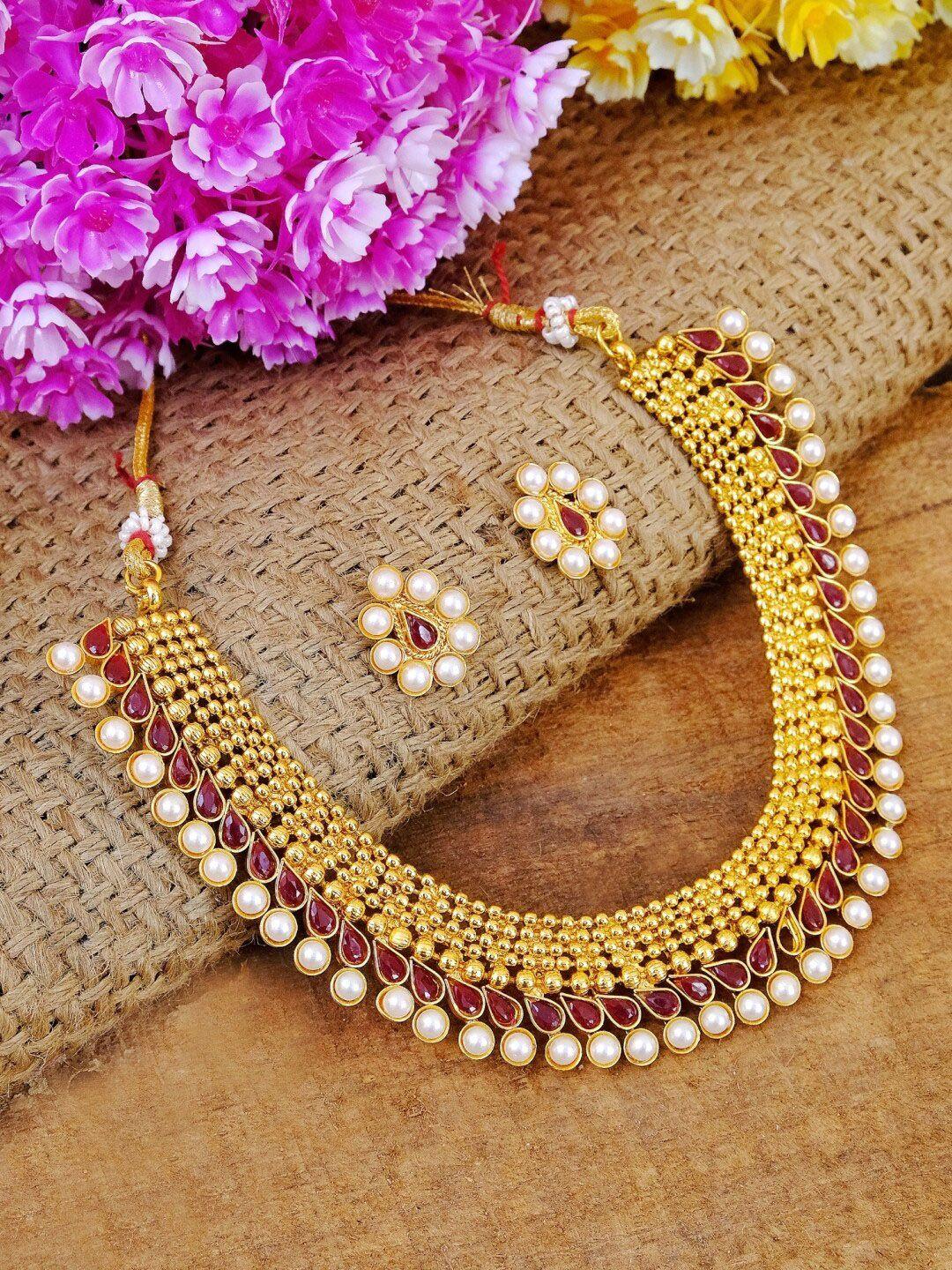 crunchy fashion gold-plated maroon & white kundan-studded & beaded antique jewellery set