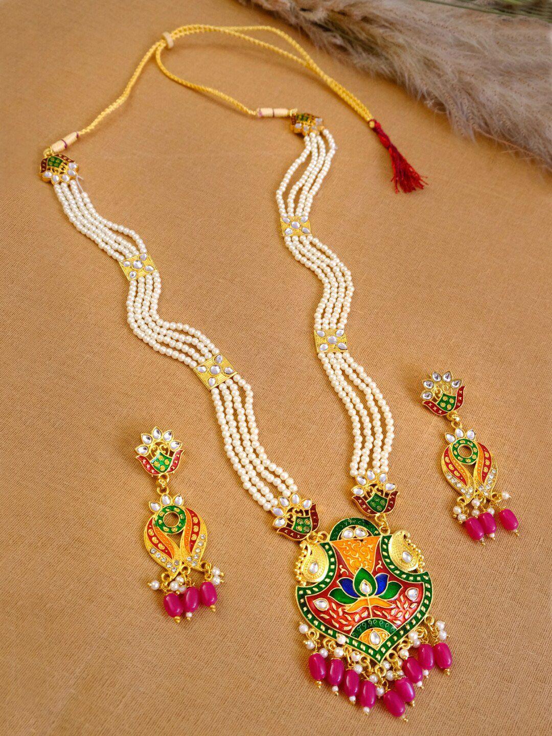 crunchy fashion gold-plated pink & green stone-studded & pearl beaded meenakari jewellery set