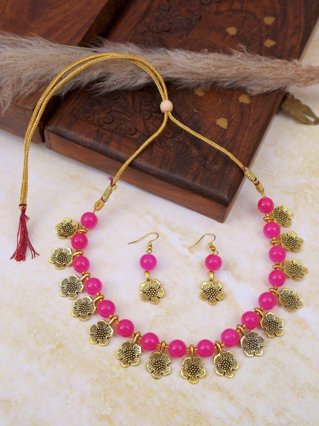 crunchy fashion gold-plated pink beaded jewellery set