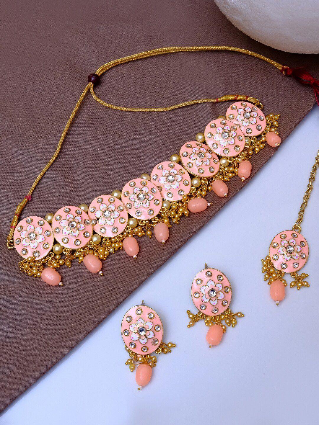 crunchy fashion gold-plated white & peach-coloured kundan-studded & beaded antique jewellery set