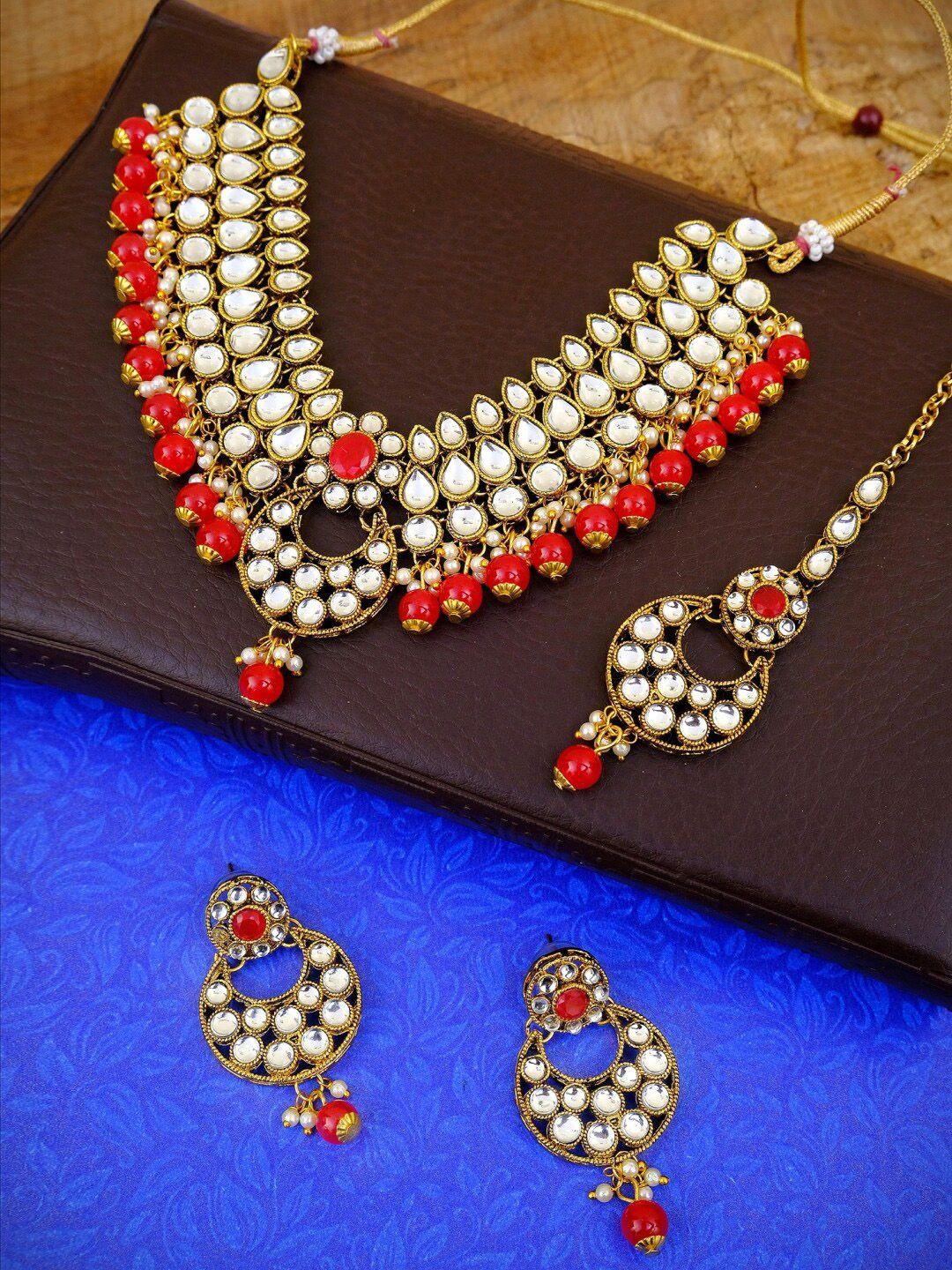 crunchy fashion gold-plated white & red kundan-studded faux pearl beaded layered jewellery set