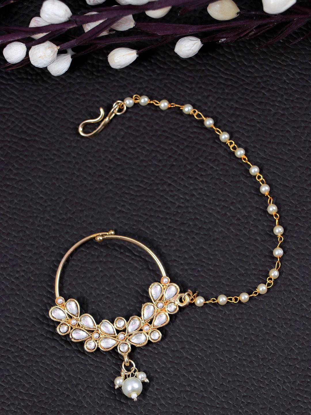 crunchy fashion gold-plated white stone-studded & pearl beaded nosepin