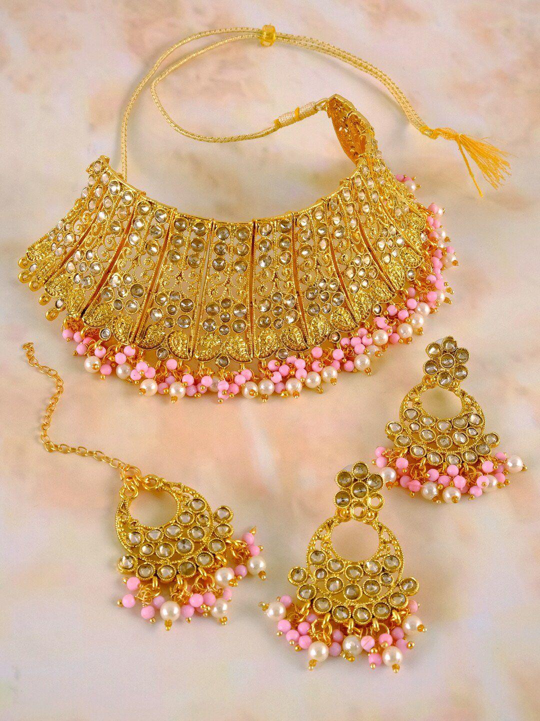 crunchy fashion gold plated white stone studded pink beaded jewellery set