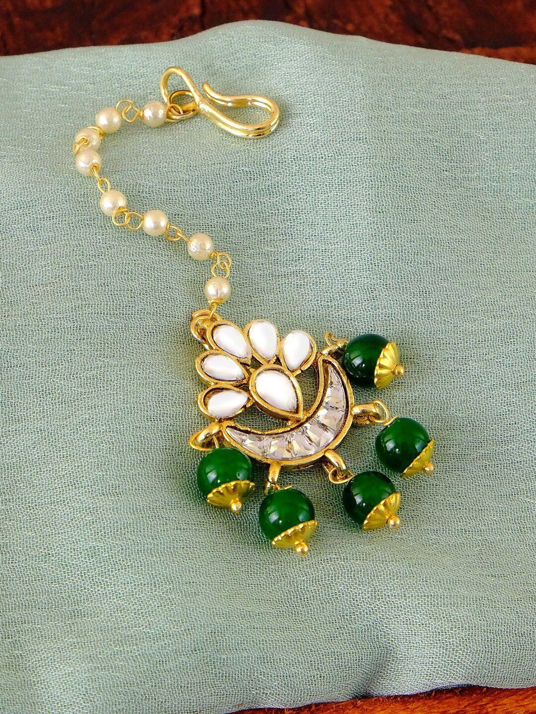 crunchy fashion gold-toned white & green kundan-studded & beaded meenakari maang tika