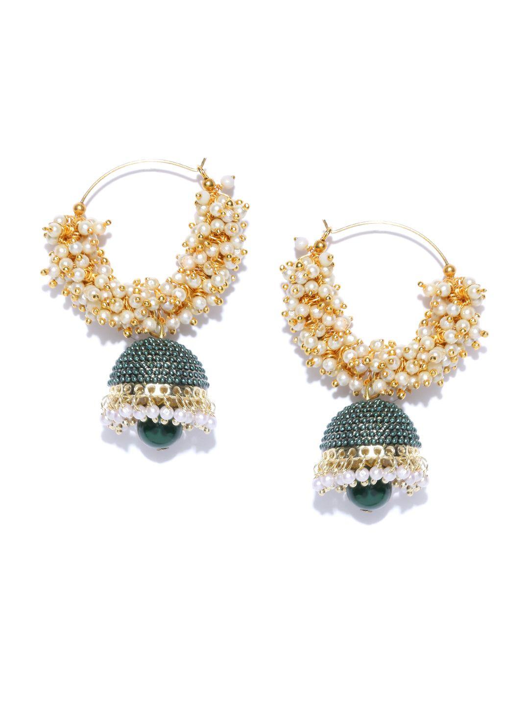 crunchy fashion green & gold-toned beaded dome shaped jhumkas