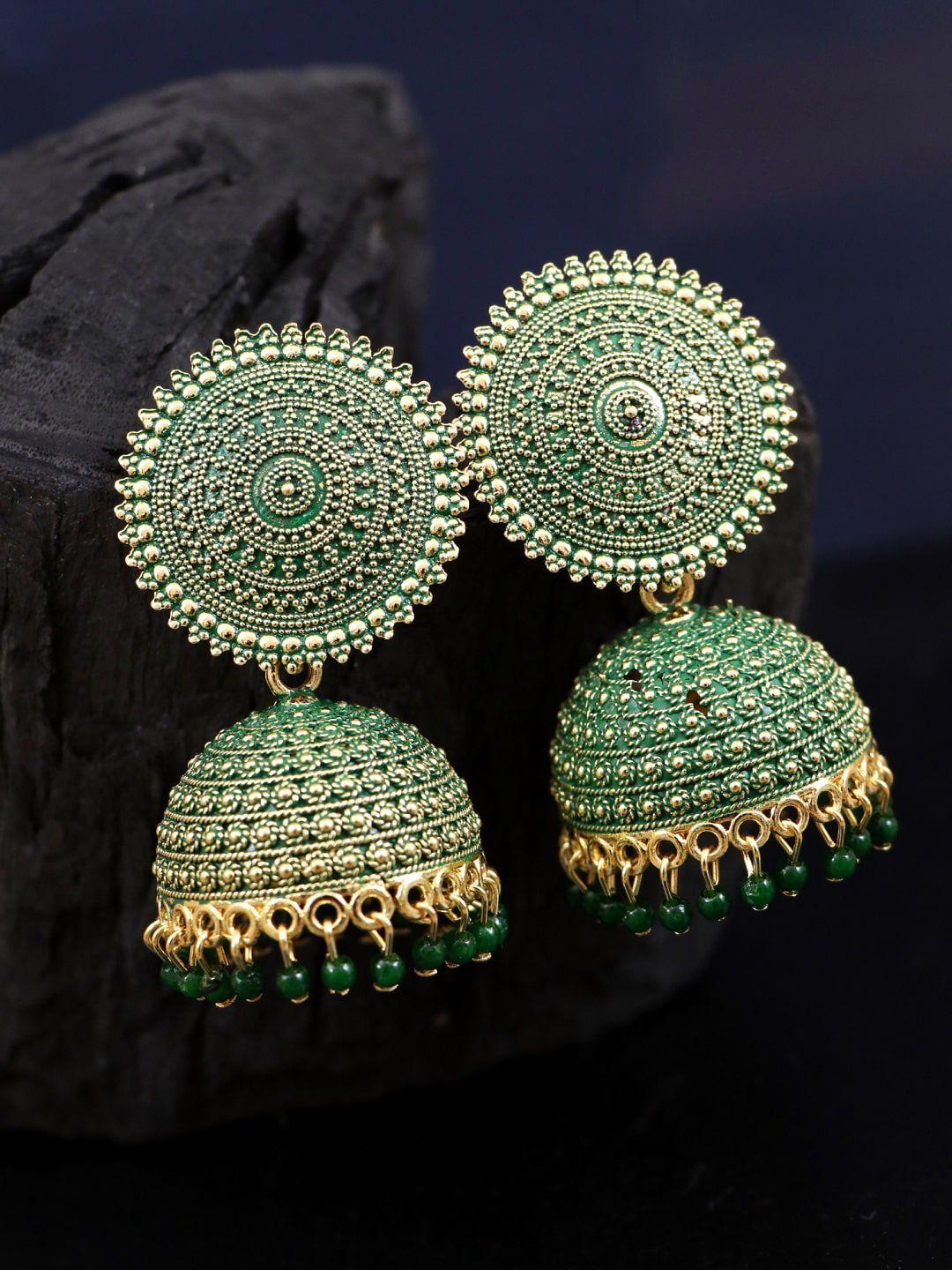 crunchy fashion green & gold-toned dome shaped jhumkas earrings