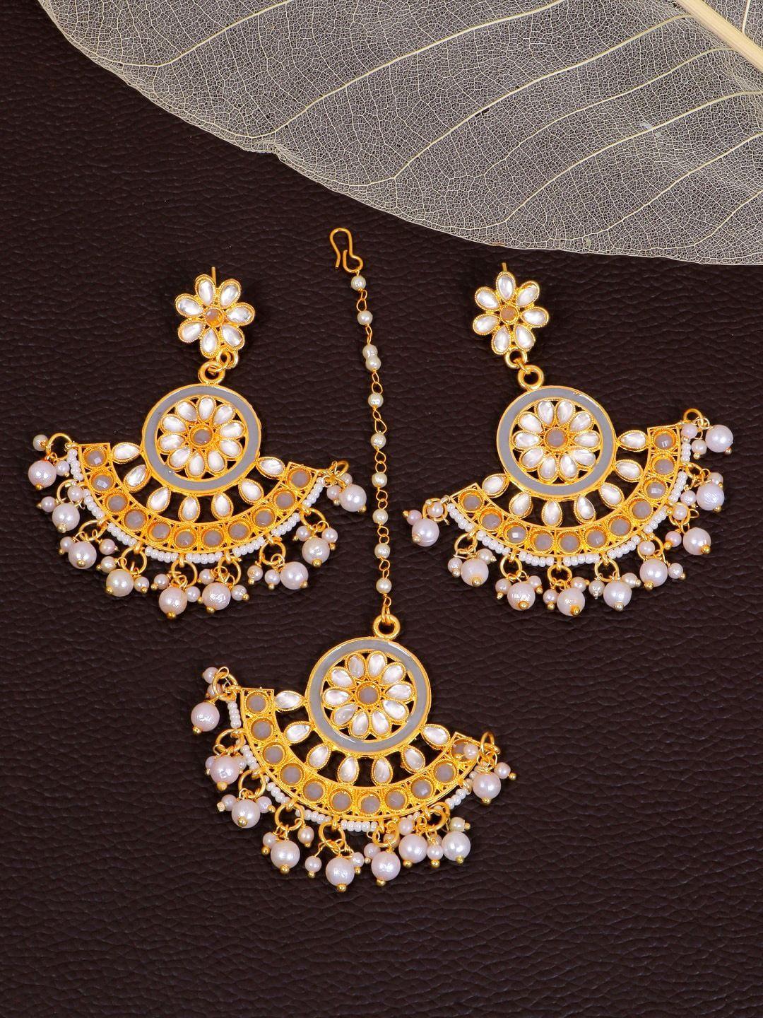 crunchy fashion grey gold plated classic earrings with maang tikka