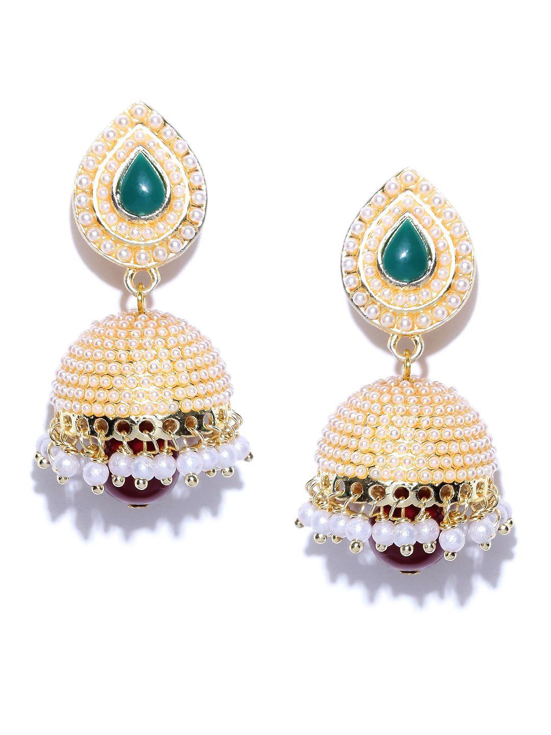 crunchy fashion off-white & gold-toned beaded dome shaped jhumkas