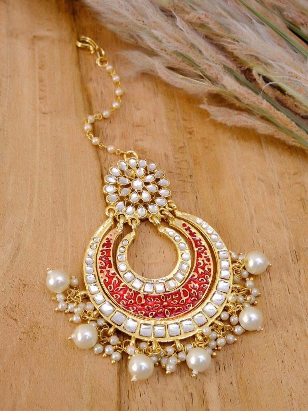 crunchy fashion red & white stone-studded pearl beaded maang tikka