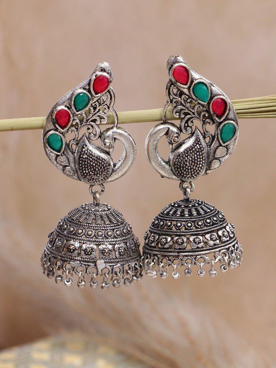 crunchy fashion red silver plated classic jhumkas earrings