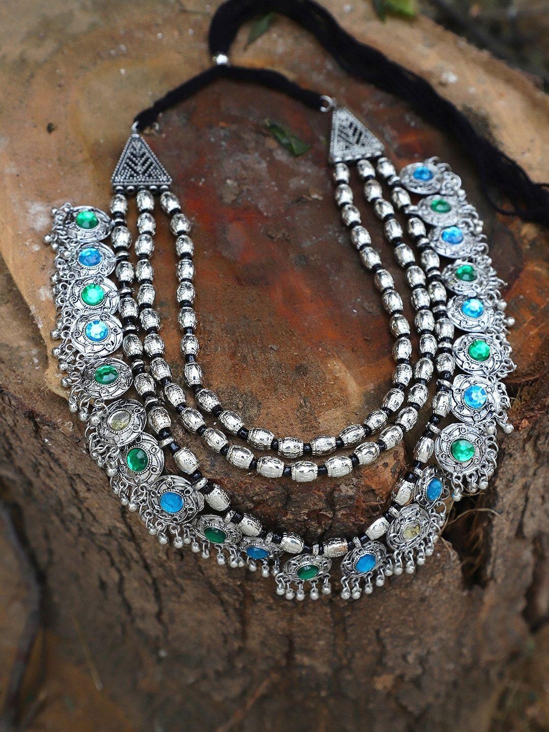 crunchy fashion silver-toned & green alloy silver-plated oxidised necklace