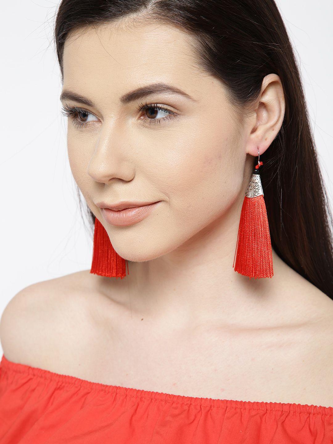 crunchy fashion silver-toned & red tasseled contemporary drop earrings