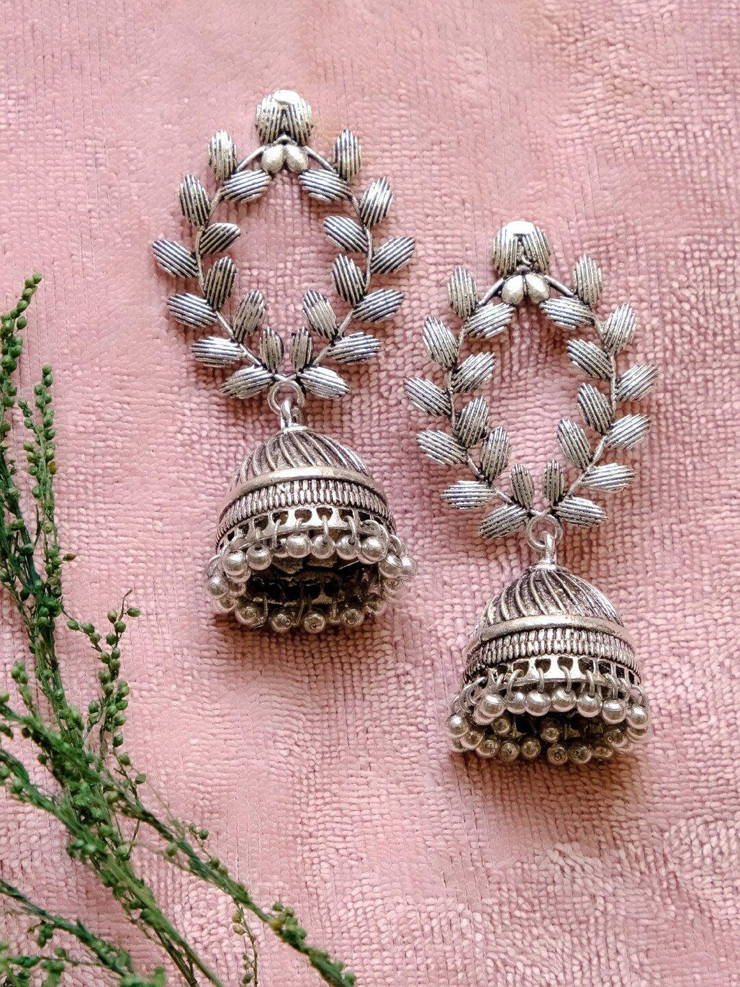 crunchy fashion silver toned leaf shaped jhumkas earrings