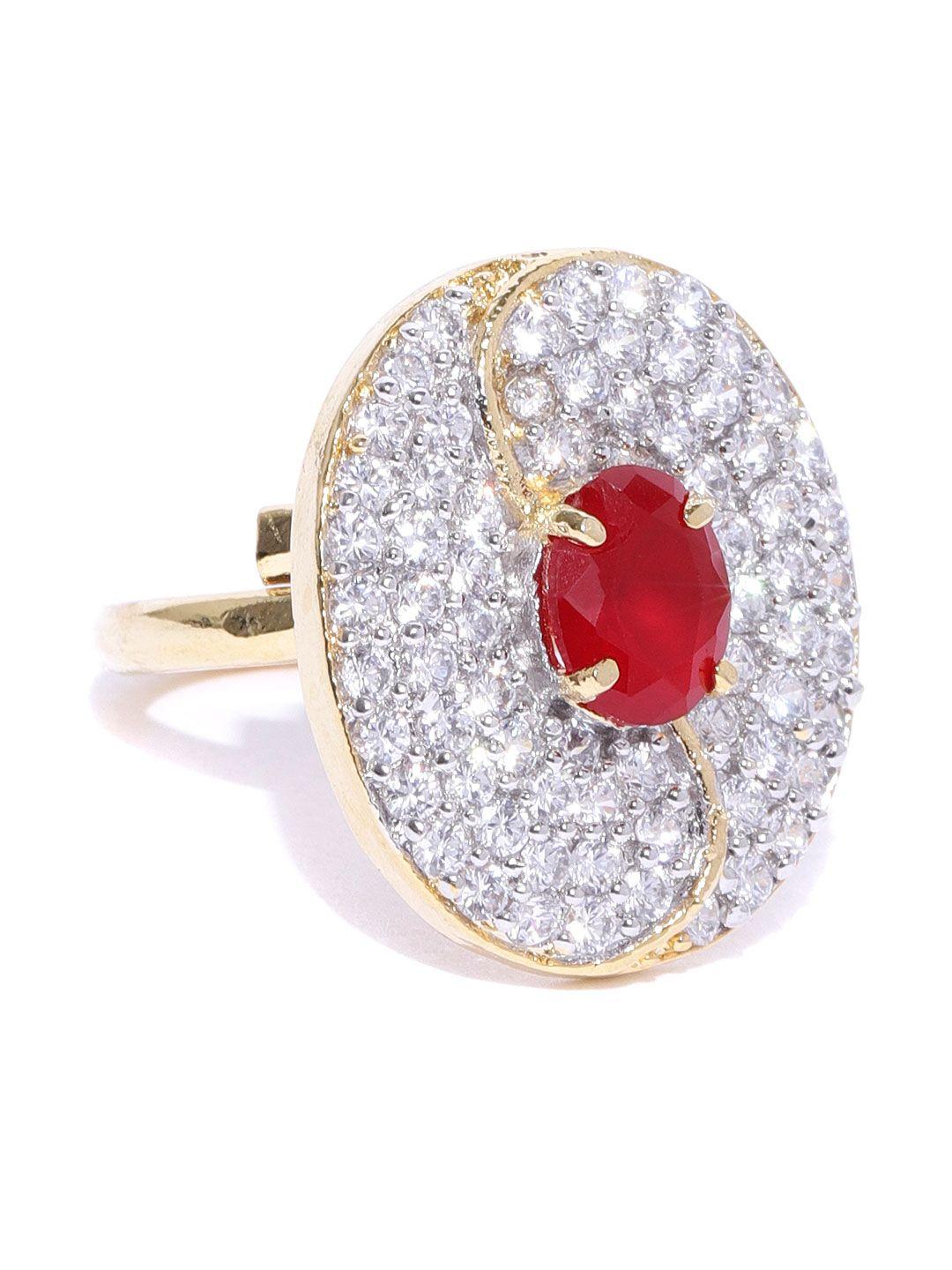 crunchy fashion women gold-toned & red stone-studded oval ring