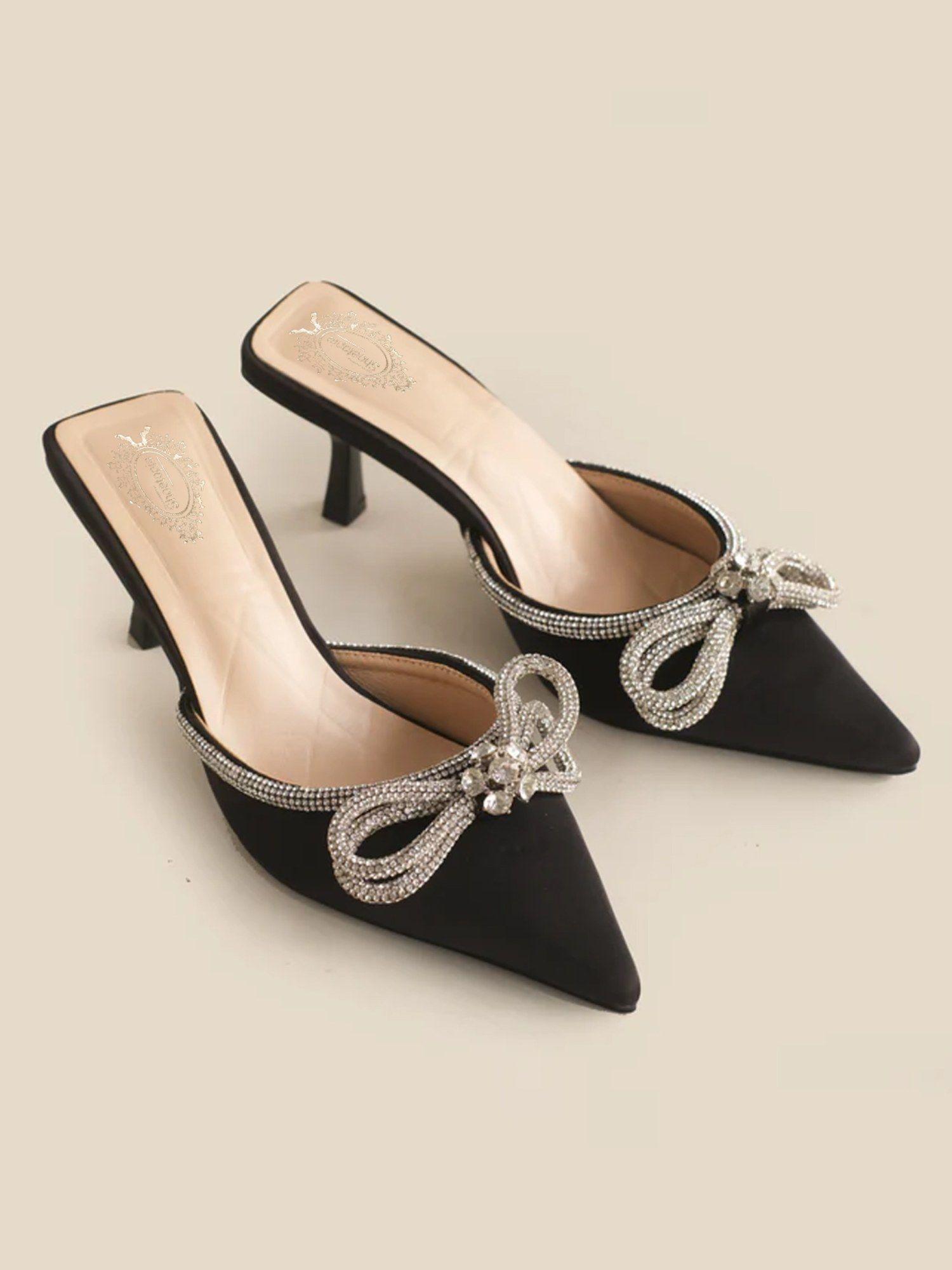 crystal embellished double bow pointed toe black heels