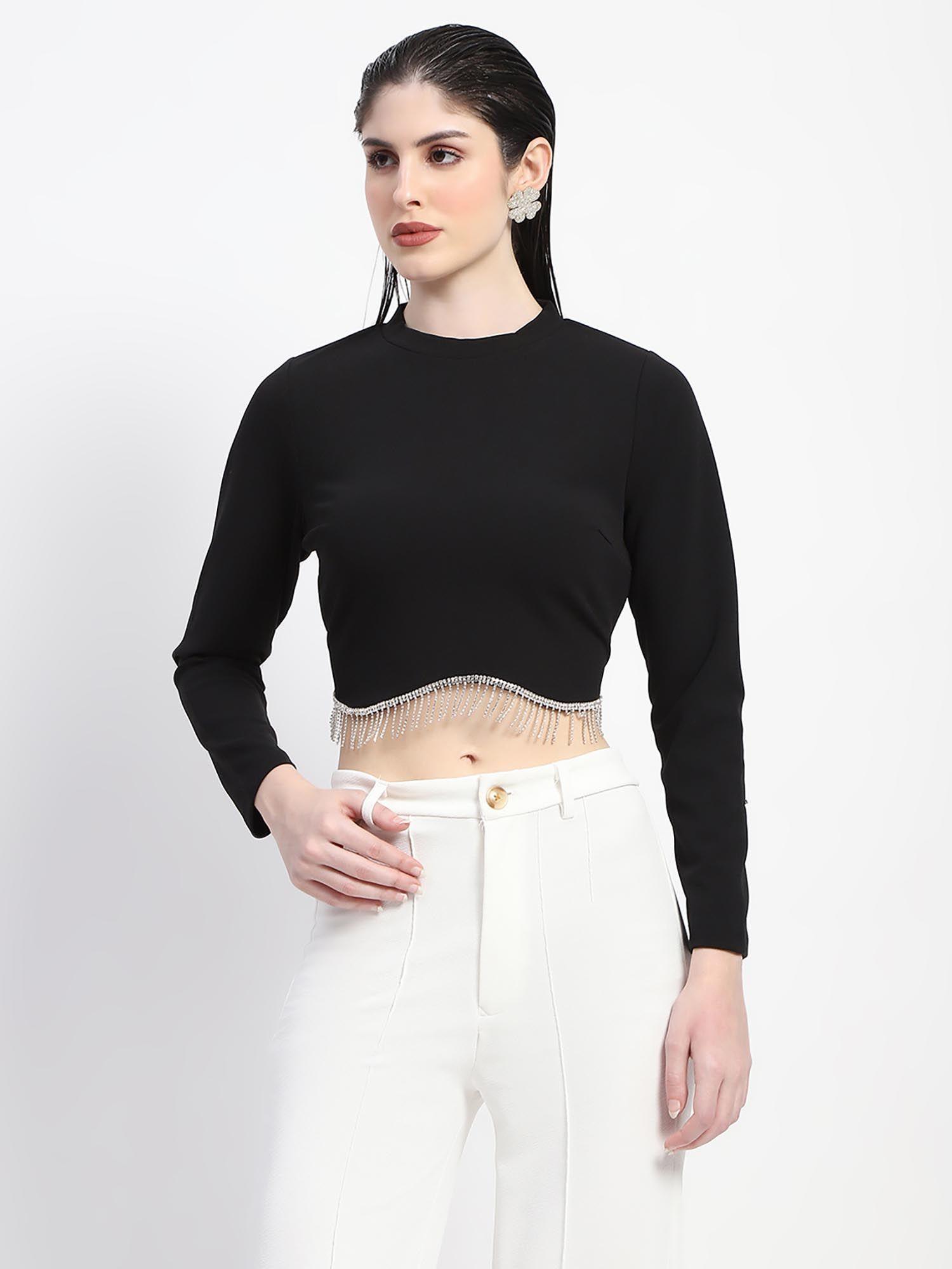 crystal fringe hem mock crew neck black crop top