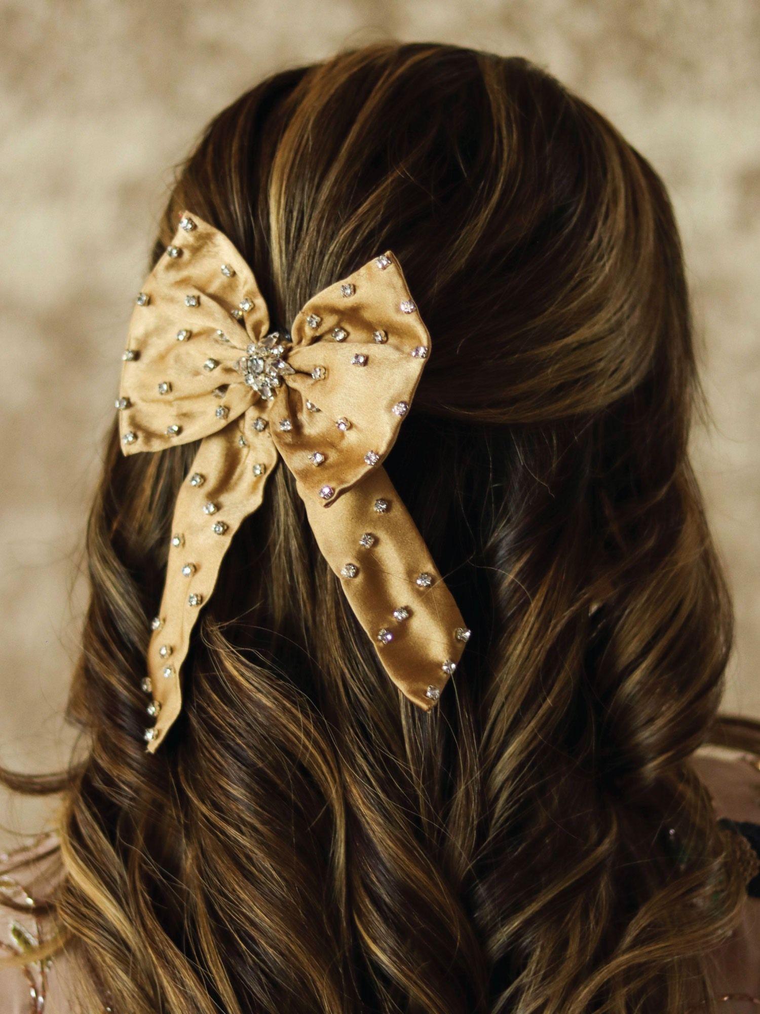crystal hair bow alligator clip - golden beige