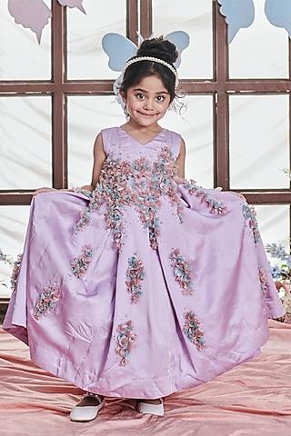 crystal lavender german satin floral embellished pleated gown for girls