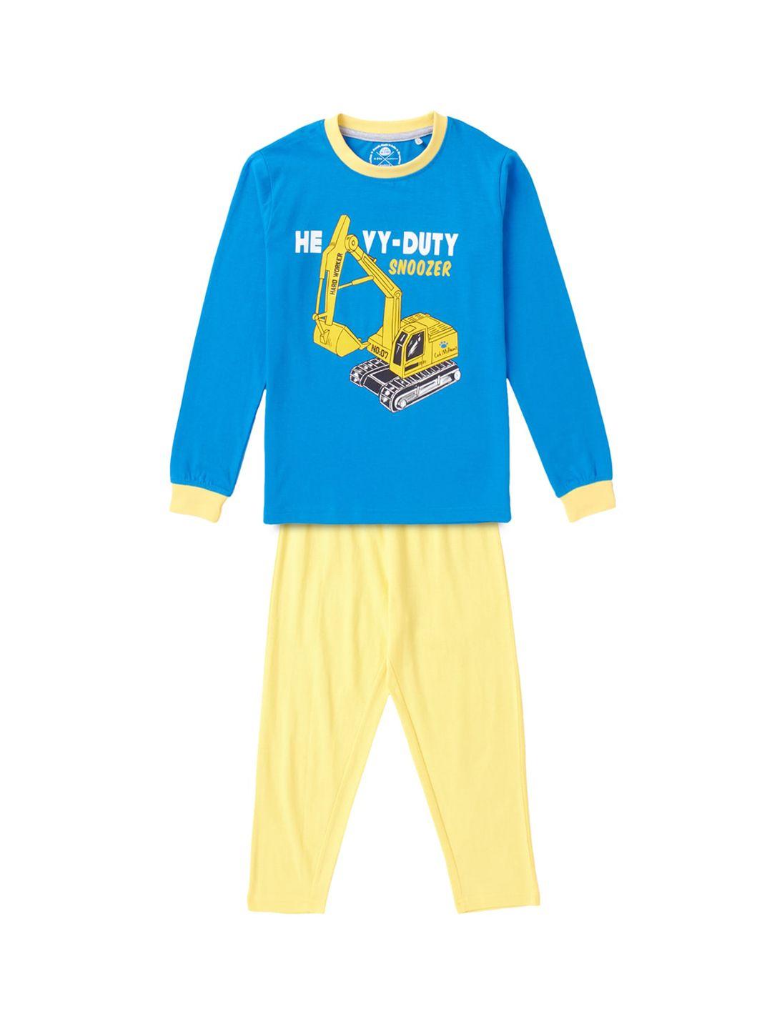 cub mcpaws boys blue & yellow printed pure cotton night suit