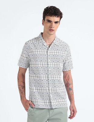 cuban collar motif print shirt