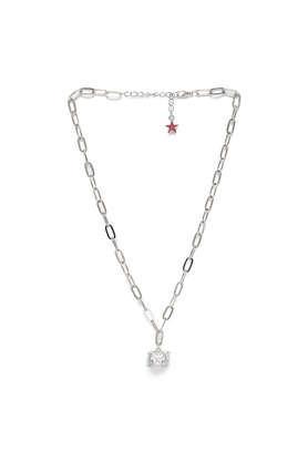 cube diamante stud silver-toned oversized pendant chain-link necklace