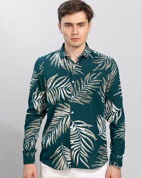 cucas palm leaf print slim fit shirt