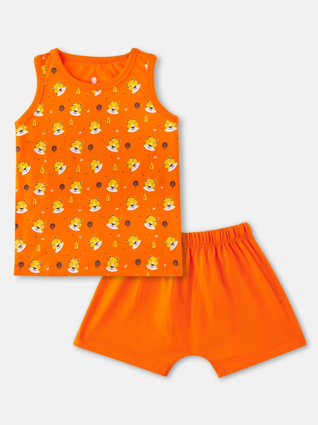 cuddles for cubs kids orange & yellow printed pure cotton top with shorts
