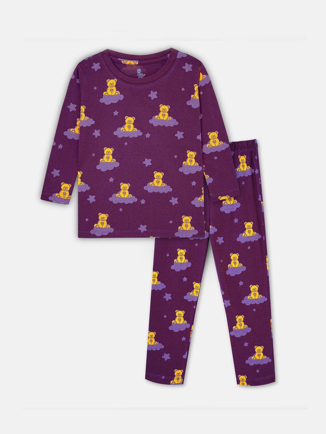 cuddles for cubs unisex kids purple & yellow printed pure cotton night suit
