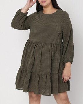 cuffed sleeves round-neck a-line dress