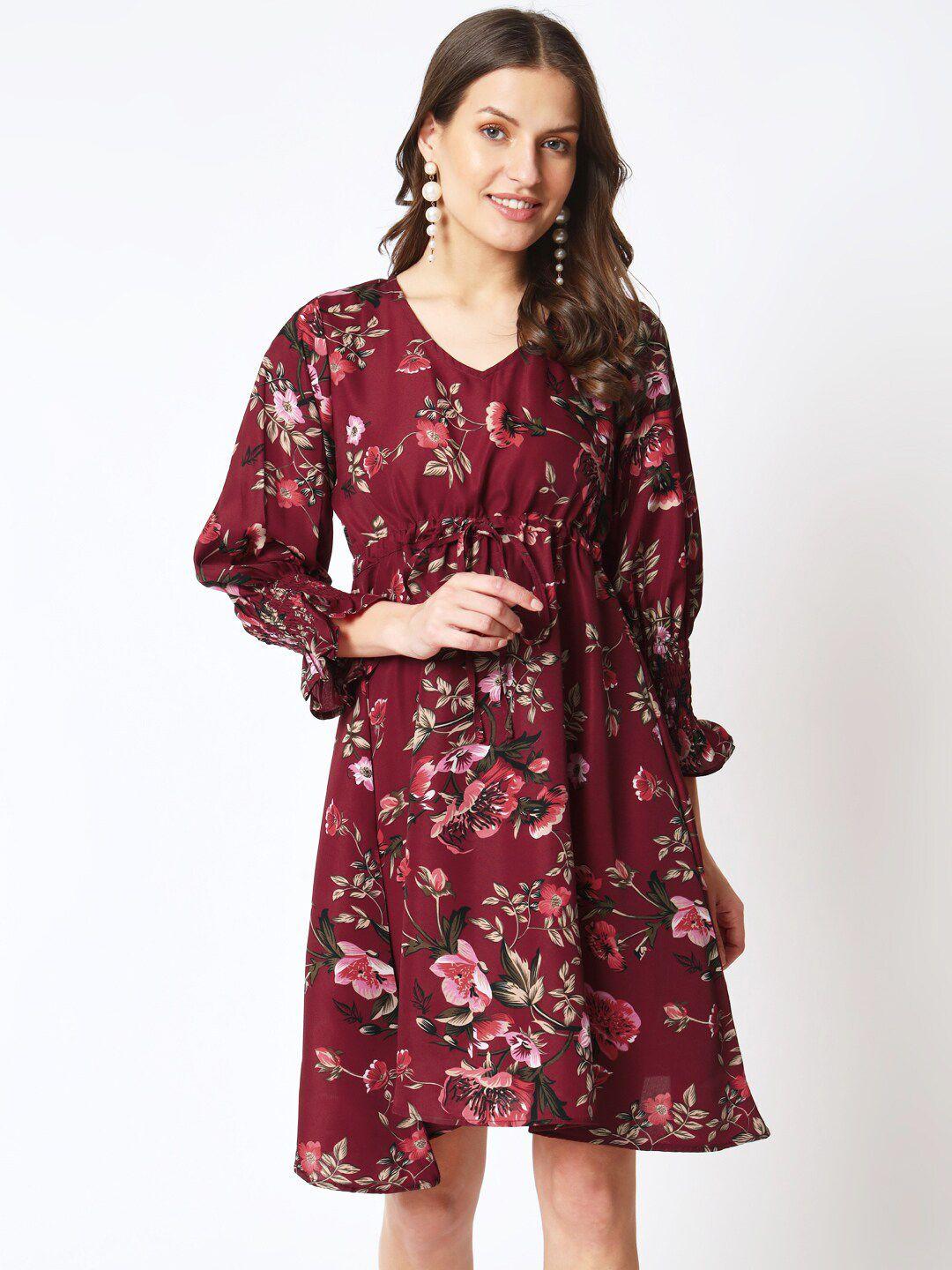cuffs n lashes maroon floral print puff sleeve fit & flare dress