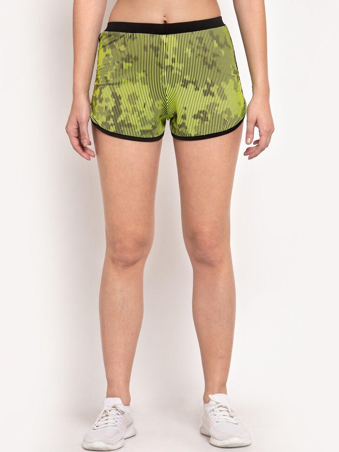 cukoo women green & black printed slim fit sports shorts