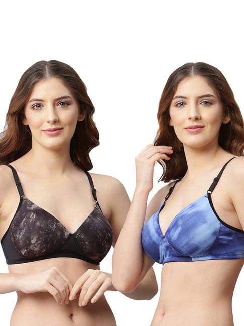 cukoo blue & black printed full coverage non-wired bra - pack of 2