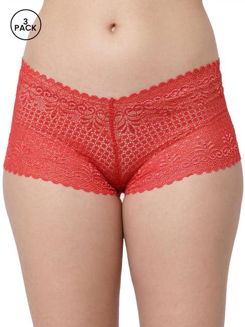 cukoo red lace work boyshorts panties - pack of 3