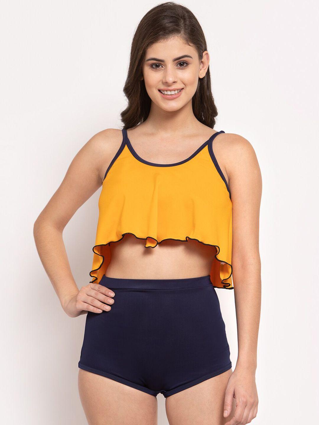 cukoo women yellow & navy blue solid two piece swim set