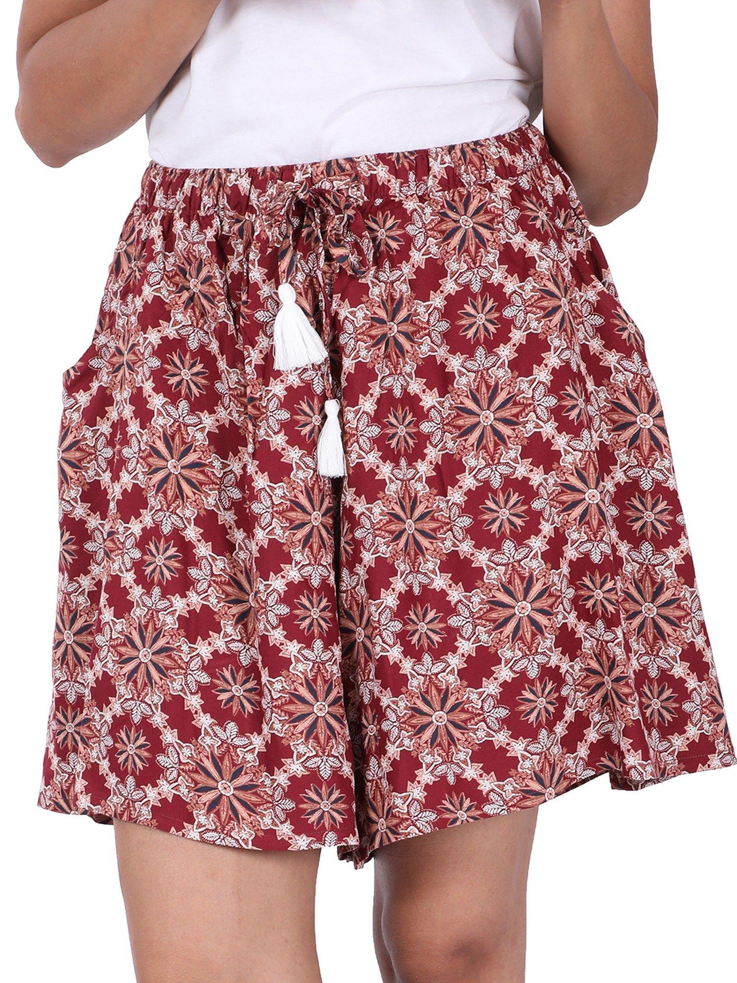 culottes shorts for women-maroon geo print