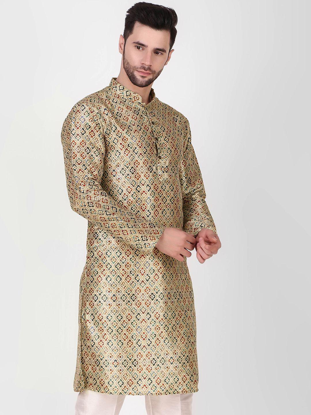 cult indie ethnic motifs printed mandarin collar art silk kurta with pyjamas