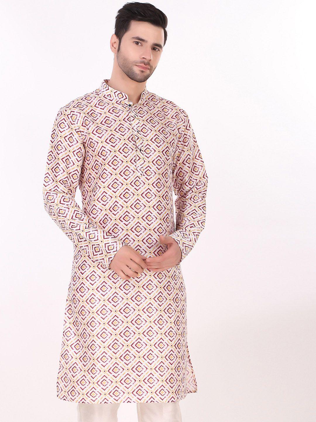 cult indie geometric printed mandarin collar art silk kurta with pyjamas