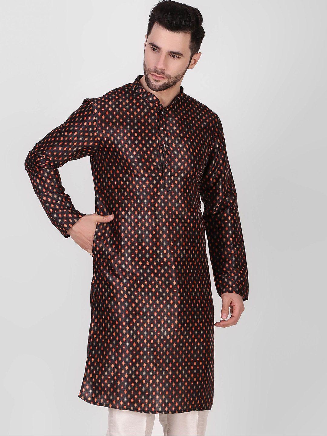 cult indie men black printed thread work jacquard kurta