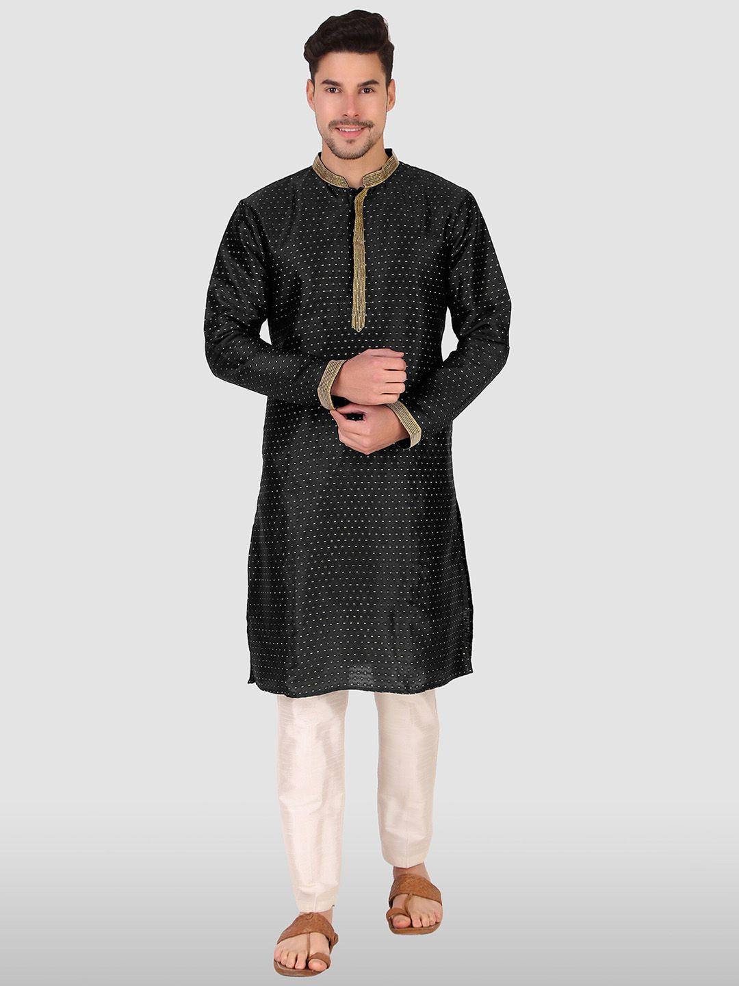 cult indie men black striped thread work jacquard kurta