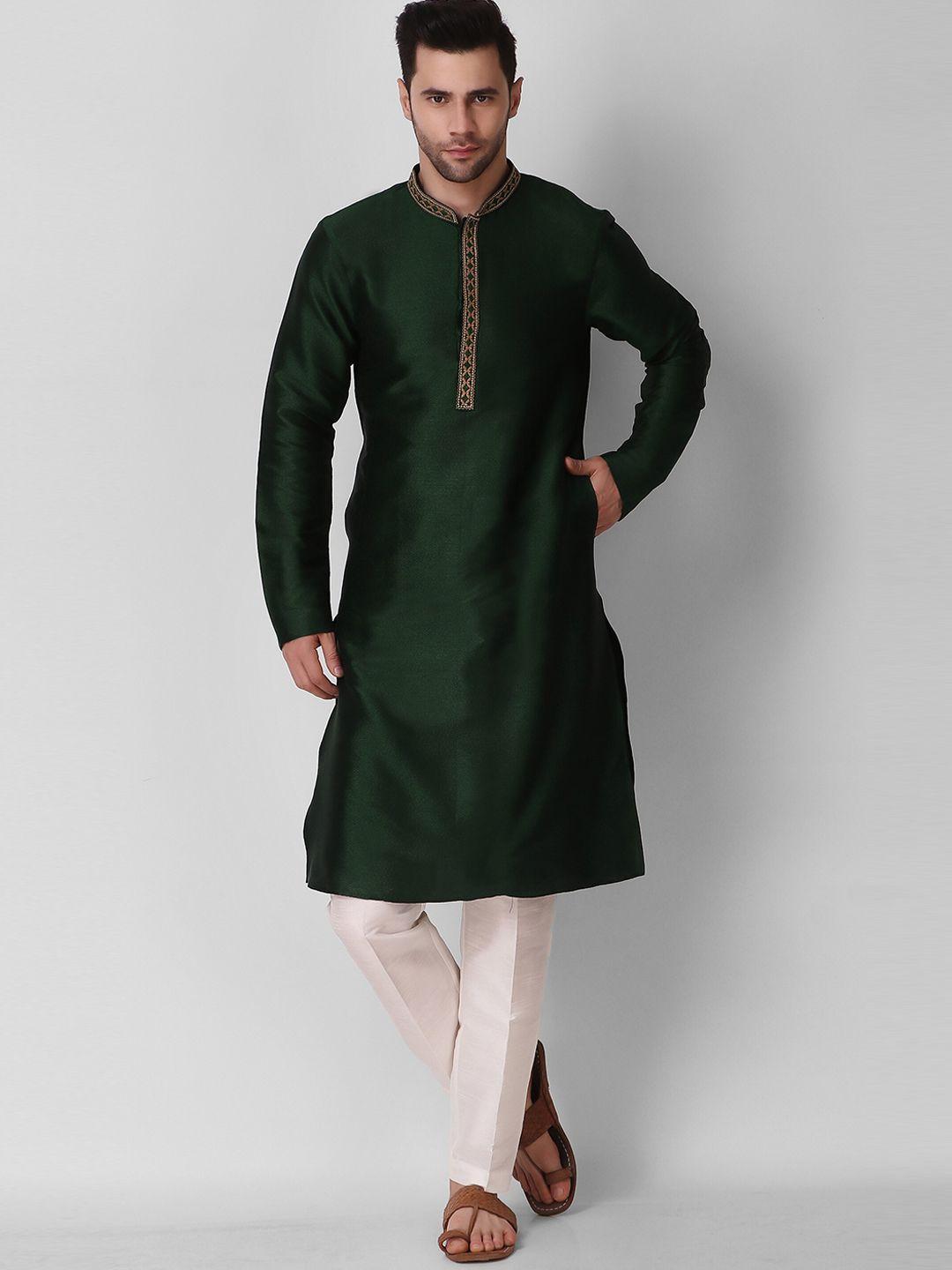 cult indie men green thread work jacquard kurta