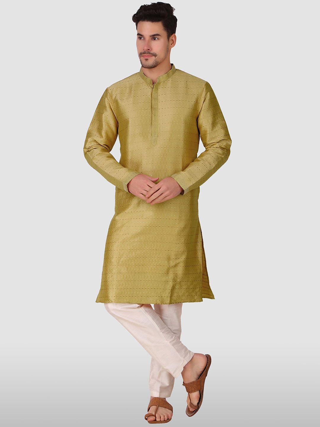 cult indie men khaki thread work jacquard kurta