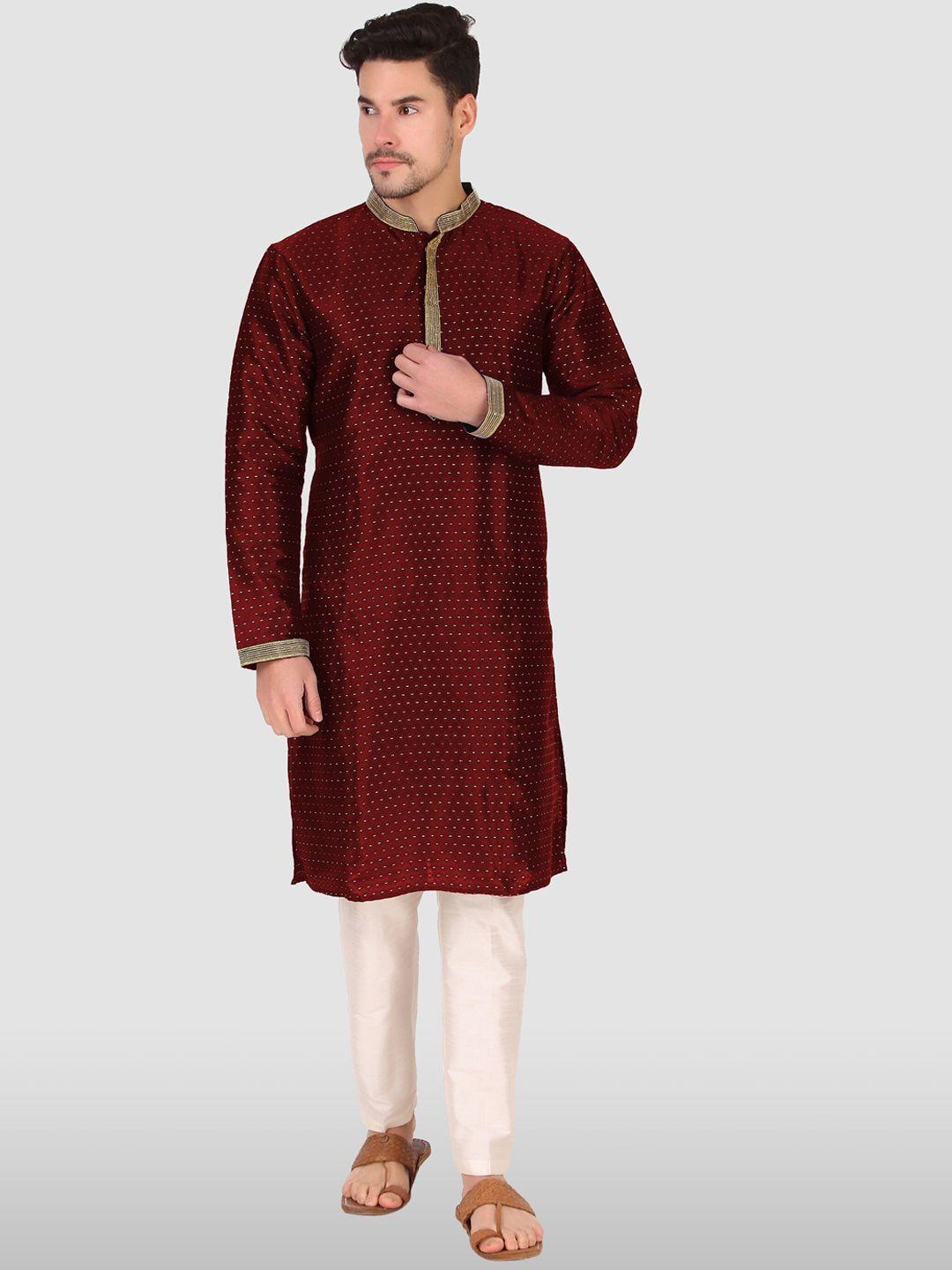 cult indie men maroon striped jacquard kurta